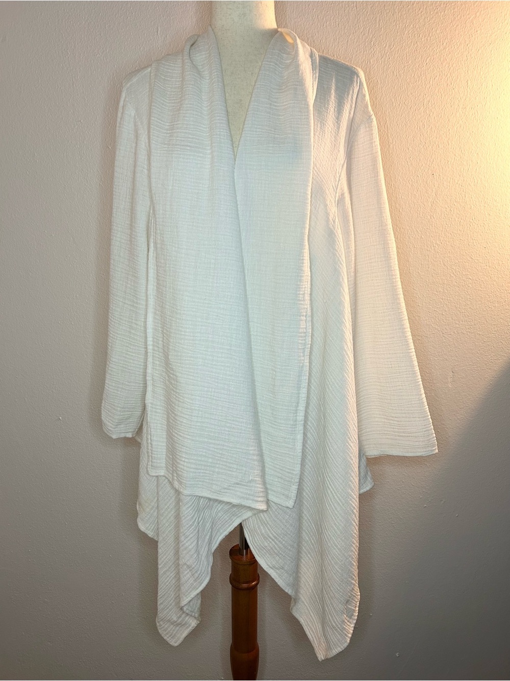 EILEEN FISHER White Linen and Cotton Long Sleeve Maxi Collar Cardigan